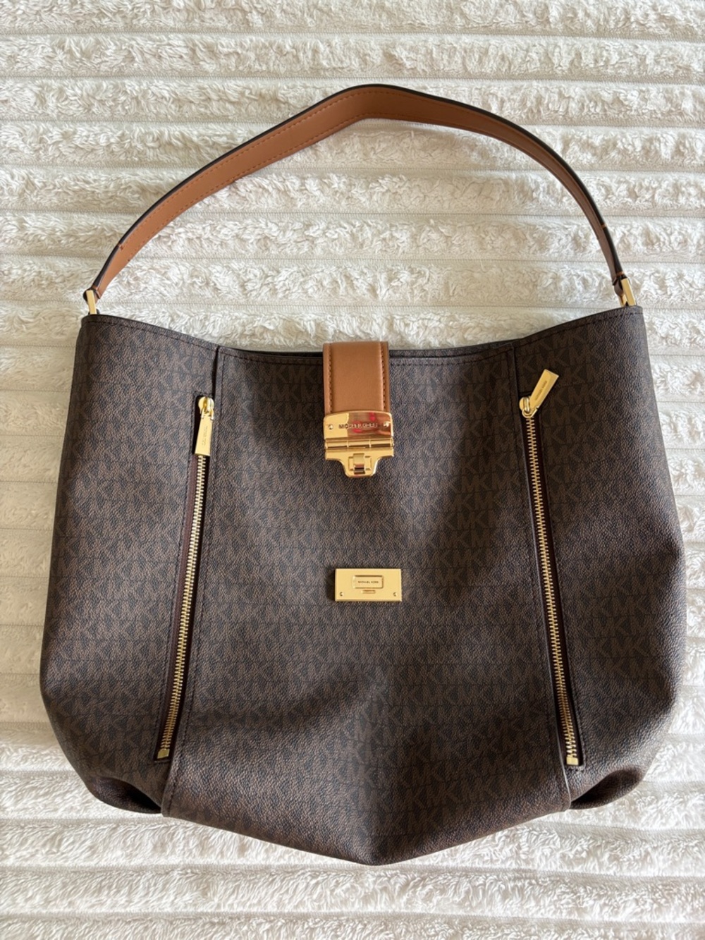 Michael Kors Brown Logo-Print Shoulder Bag with Tan Strap